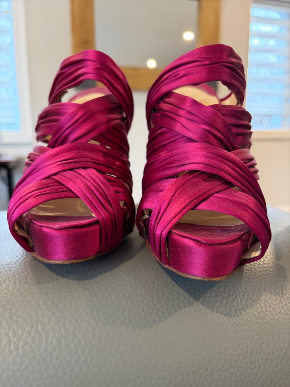 Christian Louboutin Magenta Satin Strappy Platform Heels - Picture 2 of 10